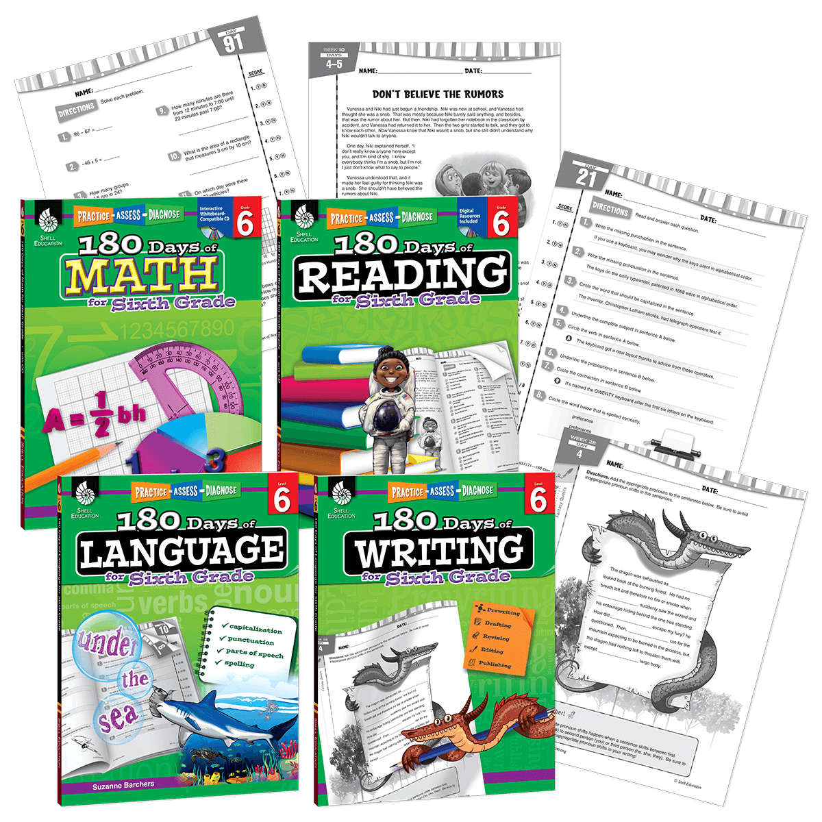 180 Days™: Reading, Math, Writing, & Language for Grade 6: 4-Book Set