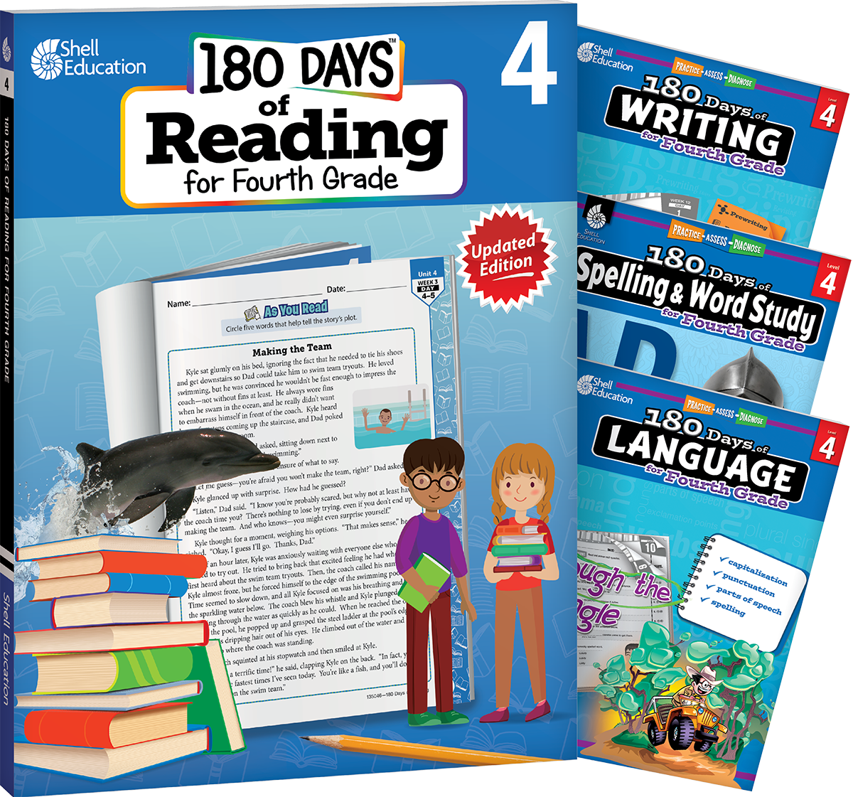 180 Days™: Reading 2nd Ed, Writing, Spelling, & Language Grade 4: 4-Book Set