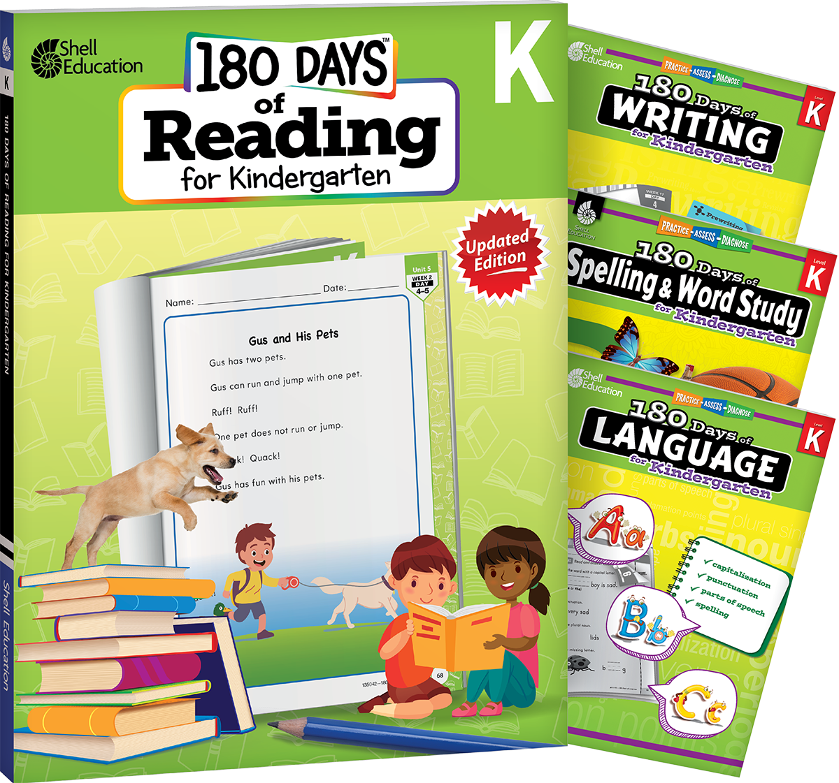 180 Days™: Reading 2nd Ed, Writing, Spelling, & Language Grade K: 4-Book Set