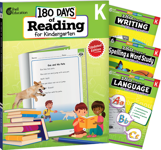 180 Days™: Reading 2nd Ed, Writing, Spelling, & Language Grade K: 4-Book Set